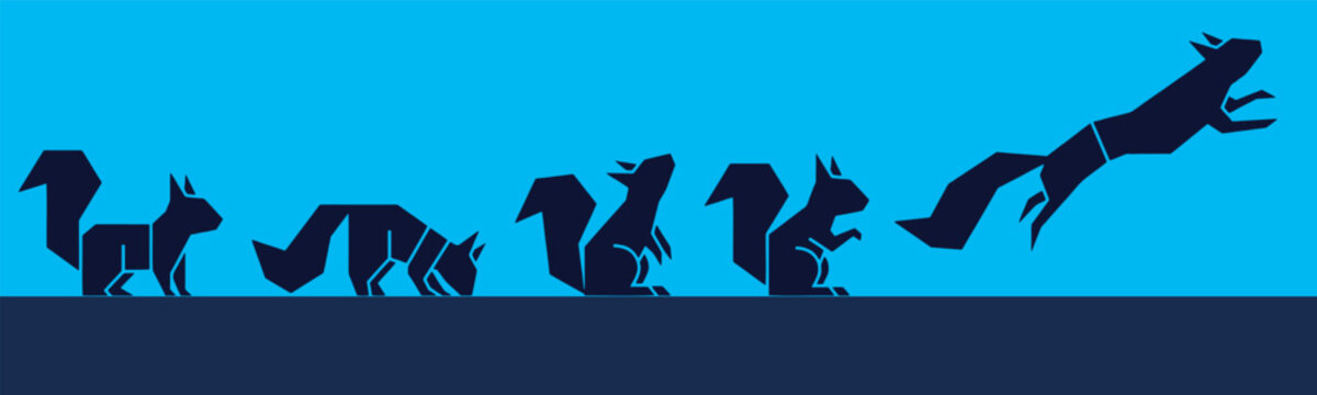 Geometric squirrel silhouettes in various poses, from standing to jumping, on a vibrant blue background.