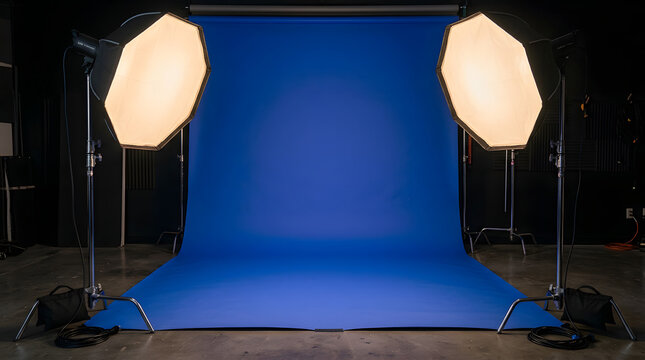 A photography studio setup with a blue backdrop and two softbox lights on stands