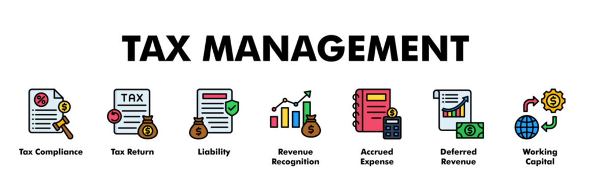 TAX MANAGEMENT web banner icon vector illustration concept for business with icon of Tax Compliance, Tax Return, Liability, Revenue Recognition, Accrued Expense, Deferred Revenue, Working Capital