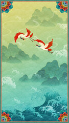 Naklejka premium Traditional Korean folk painting, landscape with cranes, ultra-high-definition illustration, traditional East Asian art