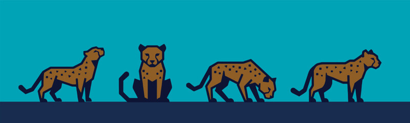 Illustration of a cheetah in various poses, showing different movements and actions of the wild cat. © Riki