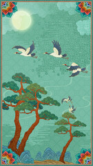 Naklejka premium Traditional Korean folk painting, landscape with cranes, ultra-high-definition illustration, traditional East Asian art