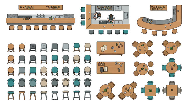 Restaurant floor plan furniture set, top view cafe interior elements vector, bar counter and dining table collection for architectural layout