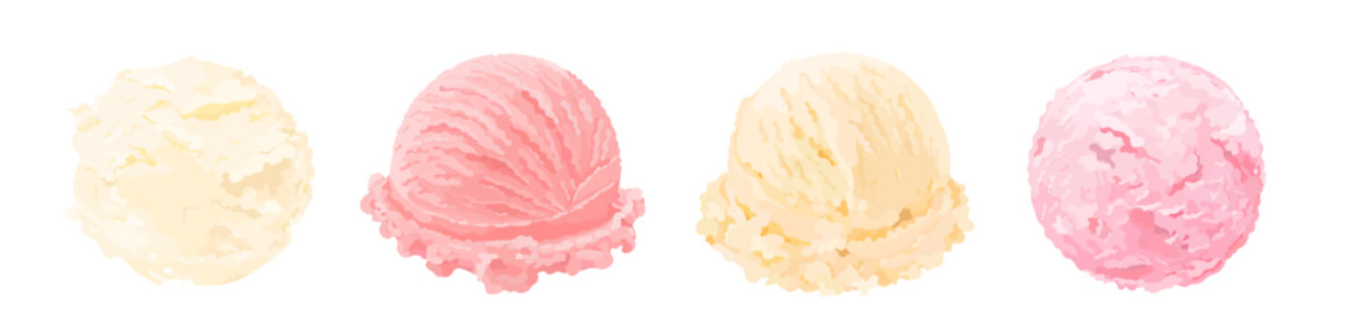 Set of cartoon vanilla and strawberry ice cream scoop. Tasty summer dessert illustration isolated on white background. Perfect for menu, packaging and dessert design.