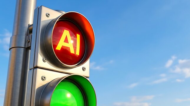 Traffic light with red signal showing AI text and green signal below against blue sky, symbolizing artificial intelligence, decision making, control, and digital future.