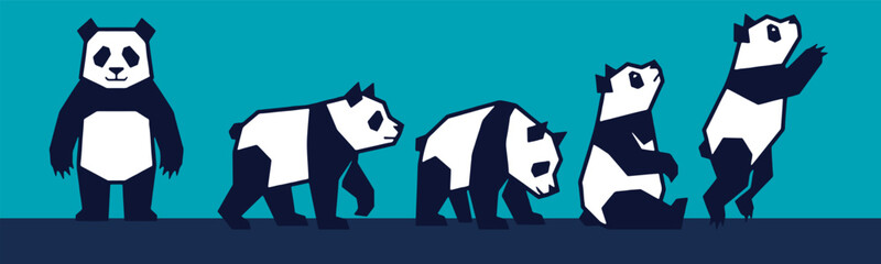 Cute cartoon pandas in various poses on a blue background, depicting different actions and expressions of these adorable animals. © Riki