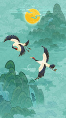 Naklejka premium Traditional Korean folk painting, landscape with cranes, ultra-high-definition illustration, traditional East Asian art