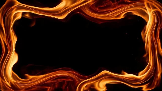 Fire frame with black background and flames concept. Abstract glowing orange flames swirling on black background with smoke and fiery light effects