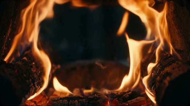 Fire frame with black background and flames concept. Close up of warm cozy fire burning inside a fireplace with glowing flames and charred logs