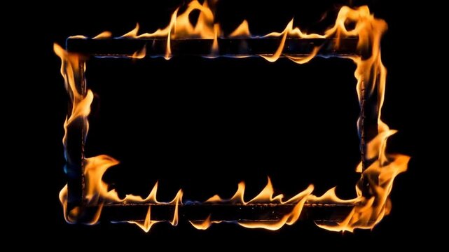 Fire frame with black background and flames concept. Flaming rectangular frame with bright orange fire on black background for dramatic design