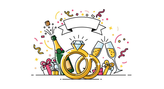 Golden Wedding Rings and Champagne Bottle.