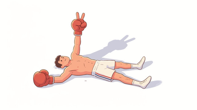Shirtless boxer lying on ground making peace sign with one gloved hand, cartoon style