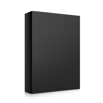 Realistic black closed paperboard box mockup. Half side views. Can be use for medicine, food, cosmetic. 3D hight realistic vector illustration isolated on white background. Scalable. EPS10.