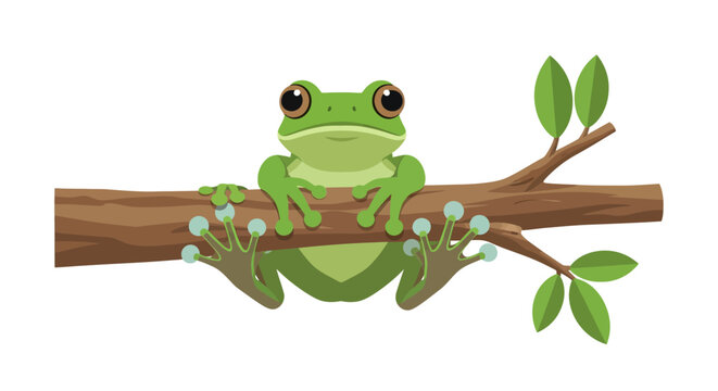 Green Frog Sitting on Branch Tree.