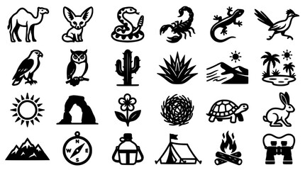 Fototapeta premium Desert Wildlife Icons Collection Featuring Animals, Plants, and Outdoor Elements in Black and White Featuring Vector