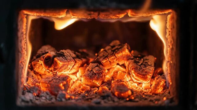 Close up view of glowing hot burning embers inside a wood stove or fireplace