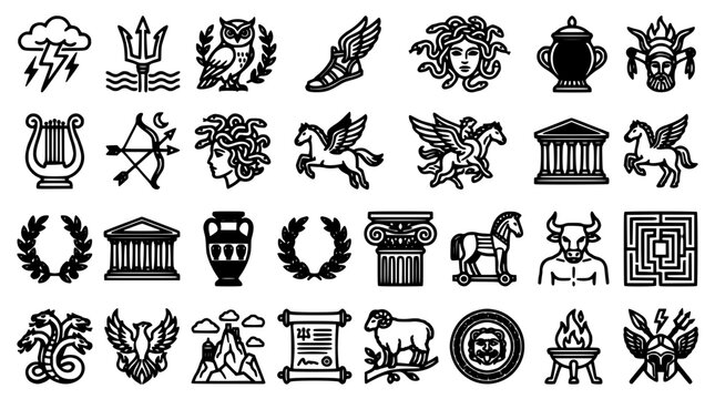 Mythology Icons Set Featuring Ancient Greek Symbols, Laurel Wreaths, Athena Head, Temple Columns, Urns, and Myth Creatures