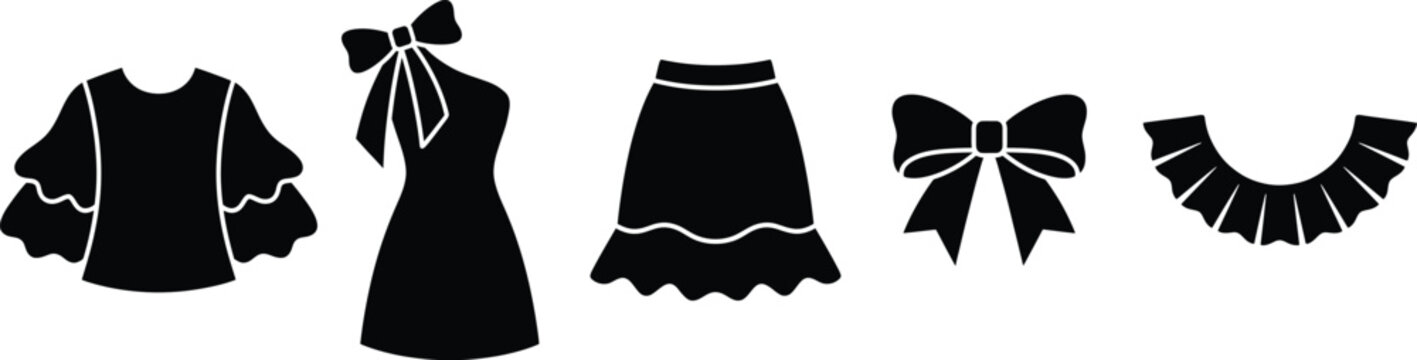 Black and white fashion clothing icons with bows and ruffles
