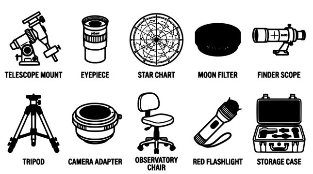 Telescope Accessories Icon Set with Mount Eyepiece Star Chart Moon Filter Finder Scope Tripod Adapter and Storage Case