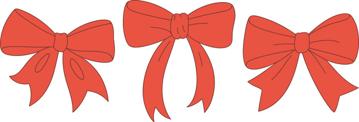Obraz premium Hand drawn red bow illustration set, generic scarlet ribbon decorations for gifts holidays and celebrations.