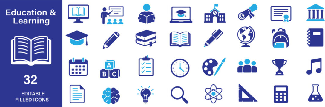 Premium Education and Learning Filled Vector Icons Set for UI, App, Website, Dashboard, Presentation, Infographic, Branding, and Commercial Stock Use.
