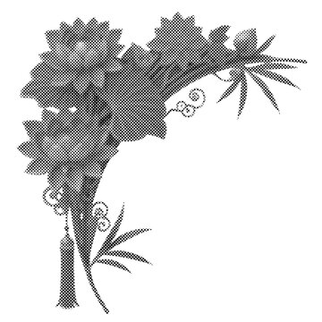 Grayscale Asian floral corner with lotus flowers, bamboo leaves, and tassel. Elegant traditional oriental ornament with halftone dot texture. Decorative 3D bouquet for vinta