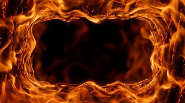 Closeup view of glowing burning firewood with intense flames and dark center for background or texture