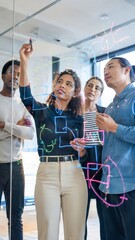 Fototapeta premium Strategic Collaboration: A diverse team of professionals engages in a dynamic brainstorming session, mapping out ideas on a glass board, fostering innovation and teamwork.