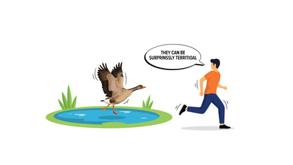 Canada goose chasing man, humorous flat illustration of a territorial bird pursuing a running pedestrian in a public park, urban wildlife encounter, colorful vector design. © RASEL