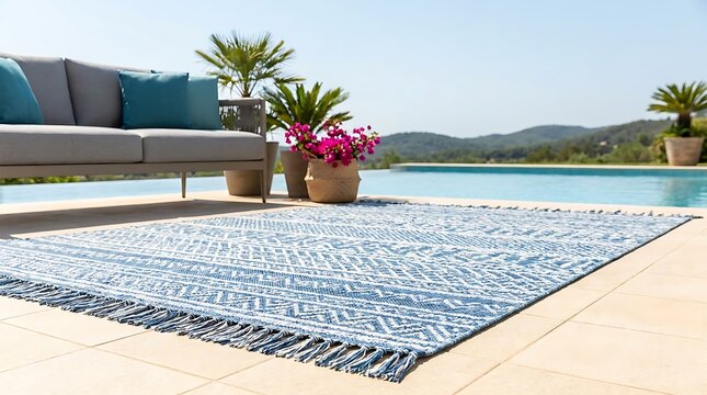 Stylish blue and white patterned outdoor rug with fringe rests on tiled patio beside swimming pool and lounge sofa with tropical plants on sunny day.