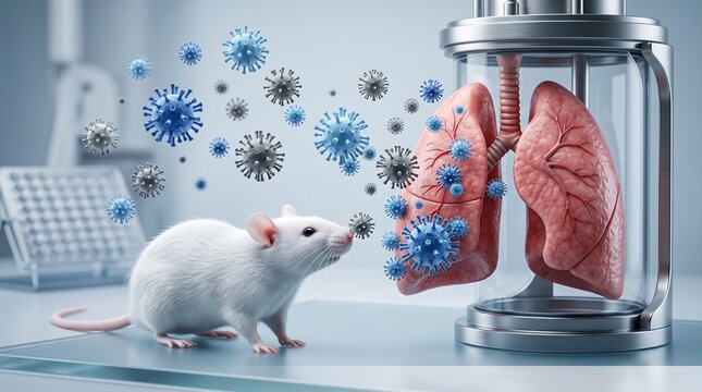 White laboratory mouse examining floating virus particles near human lungs inside a glass medical testing chamber for respiratory disease research concepts