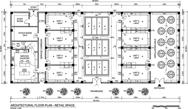Commercial building architectural plan drawing vector illustration with organized shopping stalls and professional spatial planning metrics