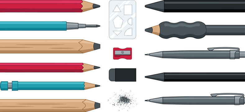 Artistic Sketching and Technical Writing Stationery Vector Collection Featuring Mechanical Pens Graphic Pencils Sharpener Ergonomic Pencil Grip Eraser and Geometry Stencil Template