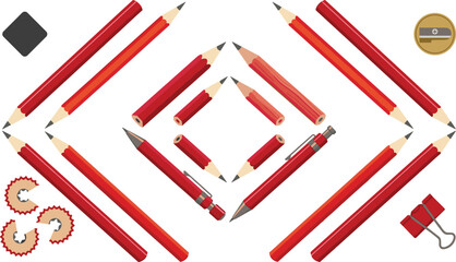 Obraz premium Symmetrical Diamond Geometric Layout Vector Set of Red Sketching Pencils Mechanical Pens Round Sharpener Square Eraser and Curly Wood Shavings Elements