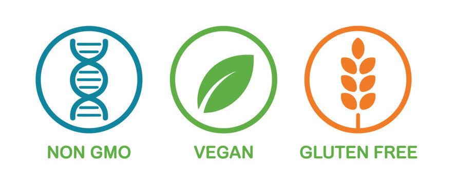 Healthy food certification icons illustration set, generic Non GMO Vegan Gluten Free nutrition labels.