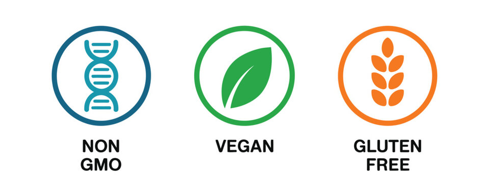Healthy food label icons illustration set, generic Non GMO Vegan and Gluten Free product badges.