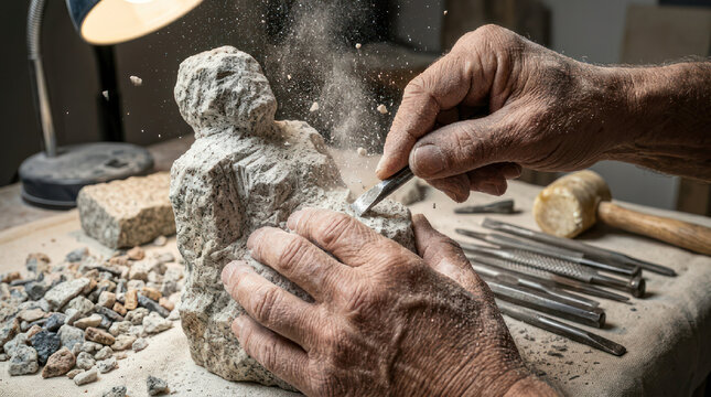 Sculptor hands carving stone statue with tools and dust.