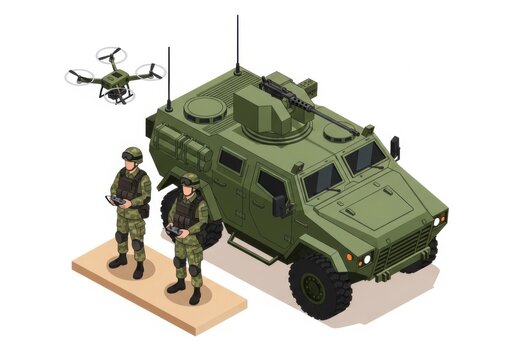 Isometric illustration of soldiers operating a military drone and armored vehicle