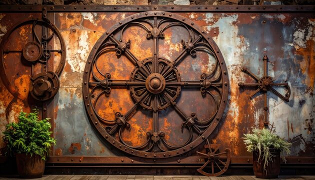Rustic Industrial Wall Clock with Vintage Gears and Plants