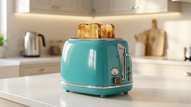 Stylish retro turquoise toaster filled with golden brown toast slices, set on clean kitchen counter, bathed in warm natural light, ideal for breakfast imagery.