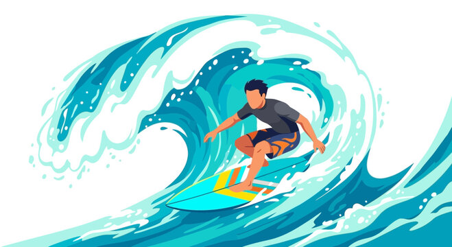 Summer surfer in flat character illustrations in summer on big waves