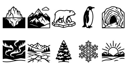 Obraz premium Glacier Landscape Icons Collection Featuring Mountains, Polar Bear, Penguin, Igloo, River, Trees, Snowflake, and Sunrise