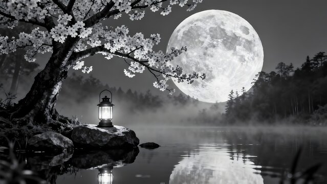 Moonlit tree by water with lantern