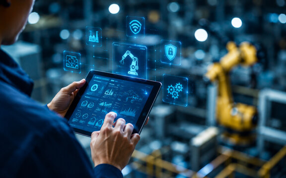 Industrial automation, smart factory, robotics, technology, digital tablet, innovation