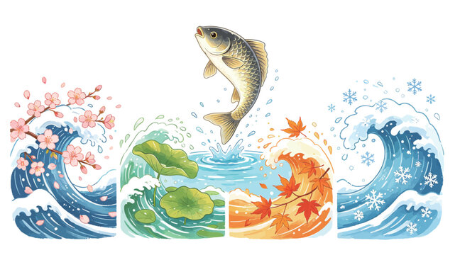 A joyful carp leaps over four wave panels depicting spring blossoms, summer lotus, autumn