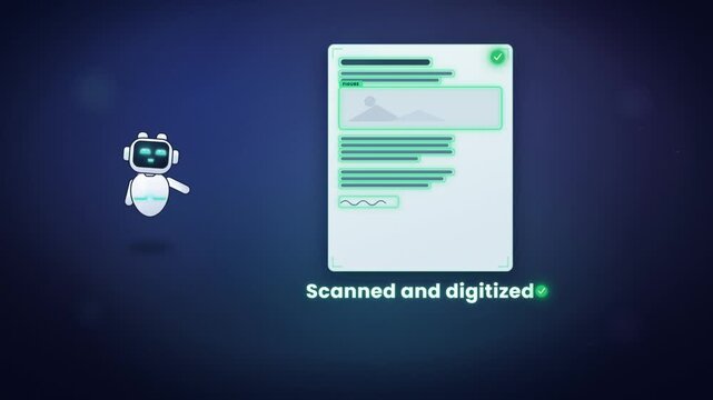 AI robot assistant scanning and digitizing paper document into editable digital file format