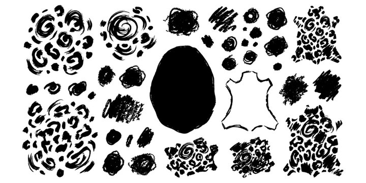 Set of hand drawn leopard print and abstract brush strokes. Collection of hand-drawn leopard print patterns, abstract brush strokes, and textured elements in black for creative designs.