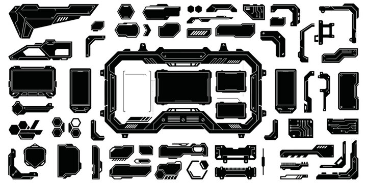 Collection of hud elements and interface design frames for tech projects. Contains corners, borders, status bars, circuit boards and digital icons. Set of hud elements and interface design frame.