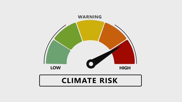 A conceptual of a climate risk gauge showing a danger level with a black needle pointing towards the red section on a light gray background, for environmental impact, and safety reports