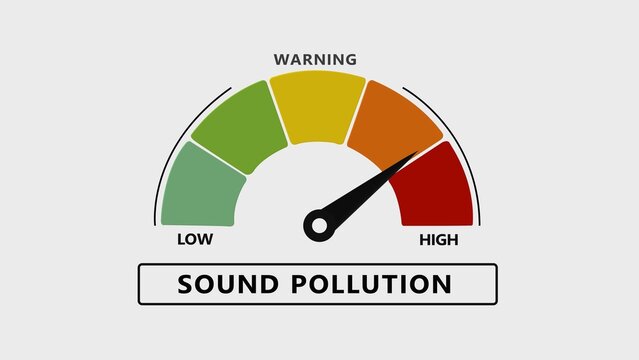 A visual representation of a sound pollution gauge showing a noise level with a black arrow pointing towards the red danger zone on a light gray background, for urban environment, monitoring data